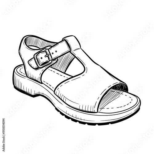 Detailed sketch of open toe sandals with buckle, isolated on white background, showcasing intricate design and casual style