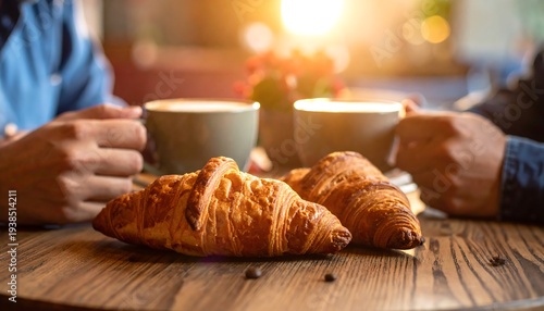 Two croissants sit on a wooden table with cups, people, and flowers. Sunny backlight in a warm cafe setting
