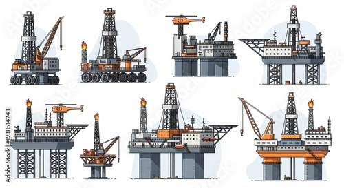 Collection of diverse offshore oil rig illustrations for industrial themes.