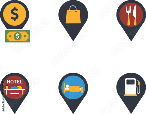 Travel and tourism icons for money shopping food hotel cruise and gas