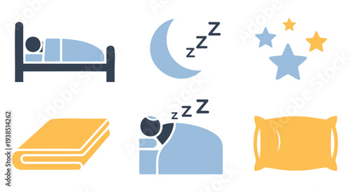 Sleep icons set, person sleeping in bed, moon with zzz, stars, blanket, pillow