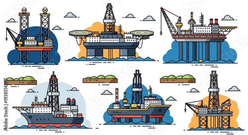Collection of diverse offshore oil drilling rigs and platforms illustration.