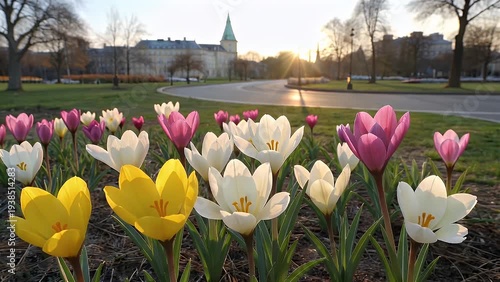 A vibrant collection of diminutive yellow, white, and pink crocus flowers blossoming in a sunlit urban garden bed with selective focus, heralding the arrival of the spring season and new plant develo