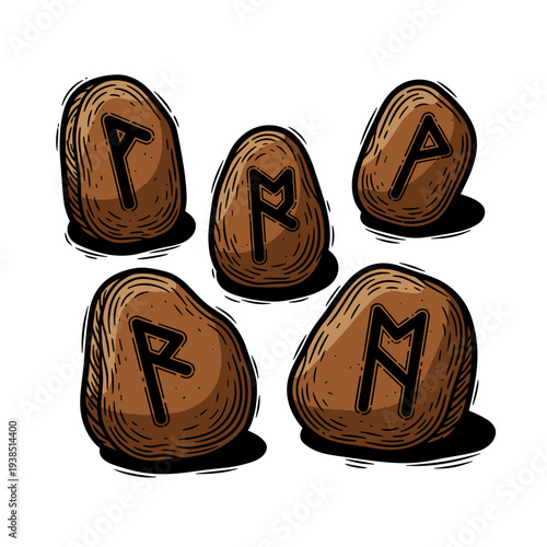 Illustrated rune stone set with ancient symbols, isolated on white background, showcasing brown textured stones with black engraved runes