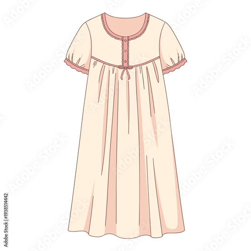 Illustration of a cotton nightgown isolated on a white background, featuring short sleeves and delicate pink trim, showcasing a relaxed and comfortable design