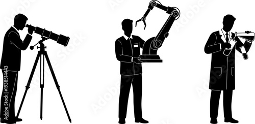 Silhouetted scientists exploring astronomy with telescope, robotics engineering with robotic arm, chemistry research with molecular model, innovation in science, technology, laboratory experiments, di