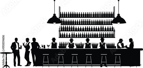 Nightclub bar interior silhouette with bartenders preparing cocktails and people socializing at counter, nightlife entertainment, lounge atmosphere and hospitality service concept.