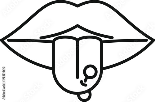 Mouth with tongue piercing projecting from lips as a simple line art icon