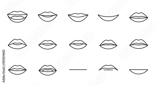 Collection of Diverse Lip Shapes and Expressions in Outline Style.