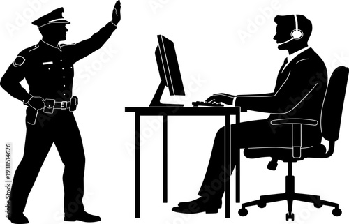 Black and white silhouette illustration of police officer stopping gesture beside desk worker with headset, law enforcement and communication emblem concept