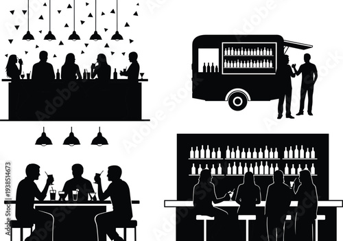 Nightlife bar and cocktail party silhouettes collection with people drinking at counter, bartender service, mobile bar truck and social entertainment scene concept.