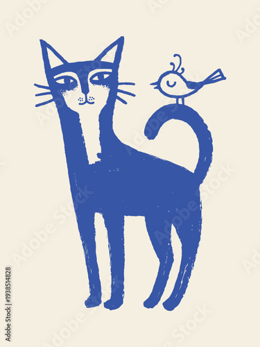 Cat with bird on tail naive sketch vector illustration