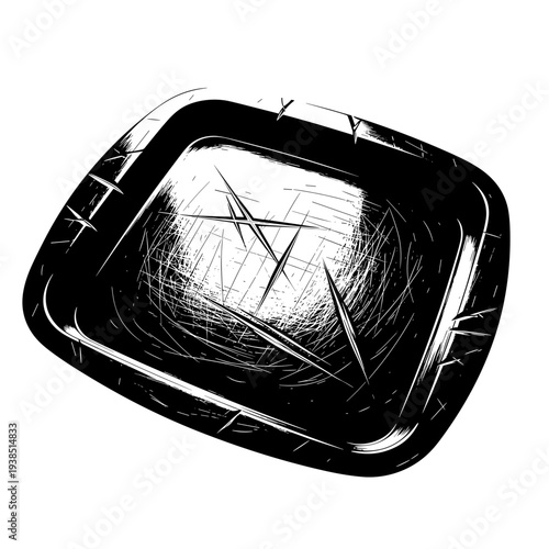 Scratched black tray with intricate patterns isolated on a clean white background