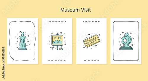 Museum Visit Icons: Art, Sculpture, Ticket, and Exhibition Display