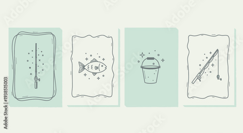 Fishing Icons: Rod, Fish, Bucket, and Fishing Rod with Lure on Pastel Background