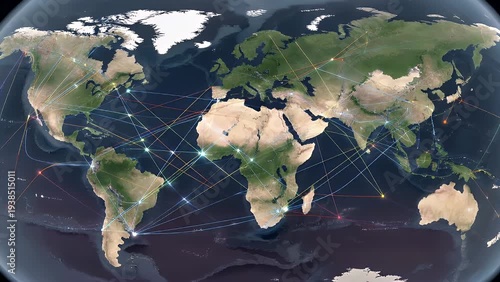 Worldwide Interlinked Network Visualization Depicting a Planetary Grid with Joined Locations for Commerce, Logistics, and Social Exchange
