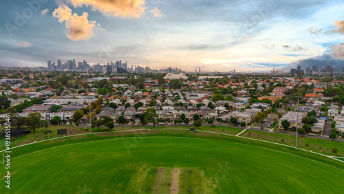 Photography Panoramic Aerial Drone view of Inner Suburbs of Melbourne housing, roof tops, th