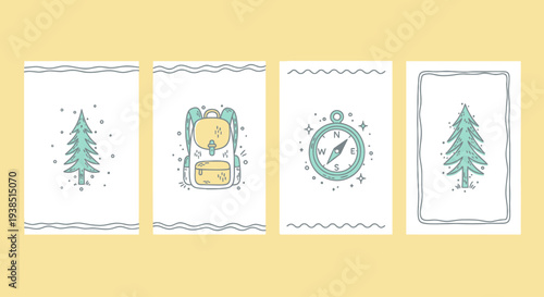 Cute Hand-Drawn Camping Icons: Backpack, Compass, Pine Trees, Decorative Borders
