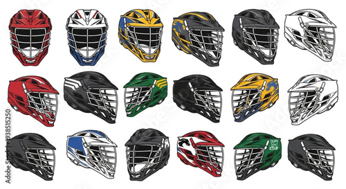 Collection of Diverse Lacrosse Helmets Displayed in Rows.