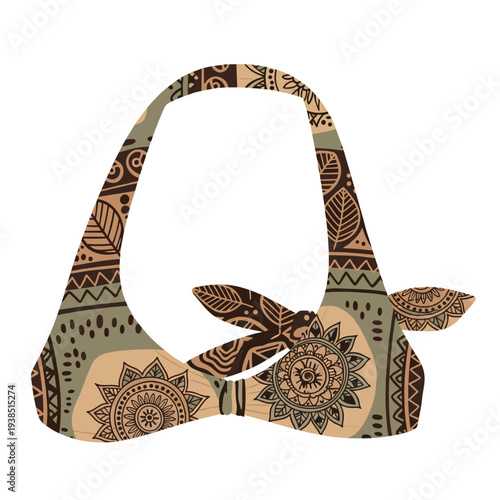 Colorful halter top with intricate strap design isolated on white background featuring geometric and floral patterns