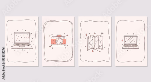 Digital Nomad Set: Laptop, Camera, Map Icons in Simple Line Art Style