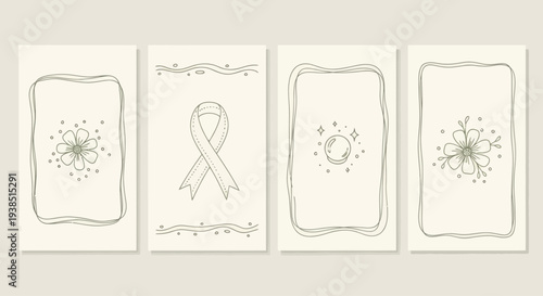 Set of 4 Hand-Drawn Cards with Ribbon, Flower, and Crystal Ball Icons