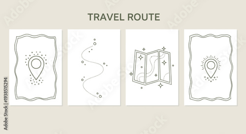Travel Route Icons: Map Pin, Dotted Line Path, Folded Map, Destination Marker