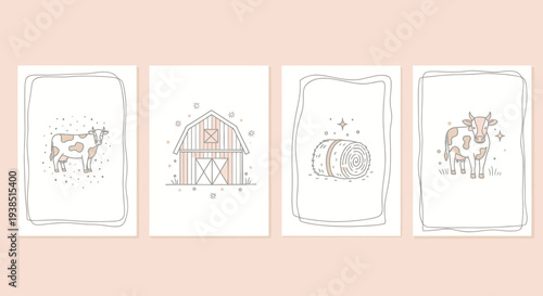 Farm Life Illustrations: Cows, Barn, Hay Bale on Pastel Background