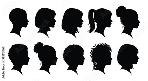 Collection of diverse female and male head silhouettes showcasing various hairstyles and profiles high quality professional