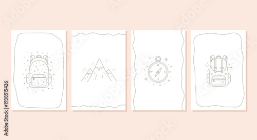Minimalist Camping and Hiking Icons: Backpack, Mountains, Compass
