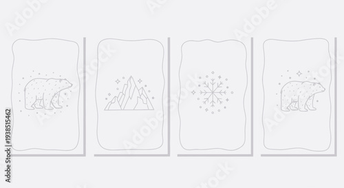 Minimalist Arctic Icons: Polar Bear, Mountains, Snowflake on White Background