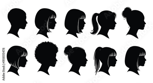 A collection of diverse female profile silhouettes showcasing various hairstyles and facial structures high quality professional