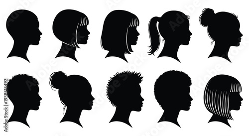 Collection of diverse female head silhouettes showcasing various hairstyles and facial profiles high quality professional detailed