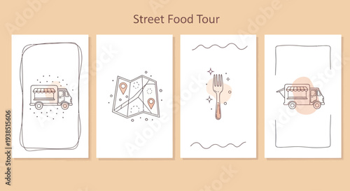 Street Food Tour: Illustrated Cards Featuring Food Truck, Map, and Utensil