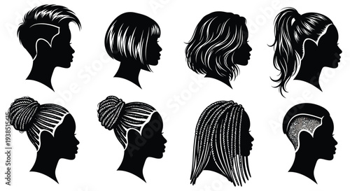 A collection of diverse female silhouettes showcasing various hairstyles in black and white high quality professional