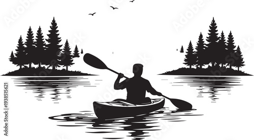Person Kayaking on Lake with Mountains and Birds – Outdoor Adventure Black Silhouette Vector Illustration