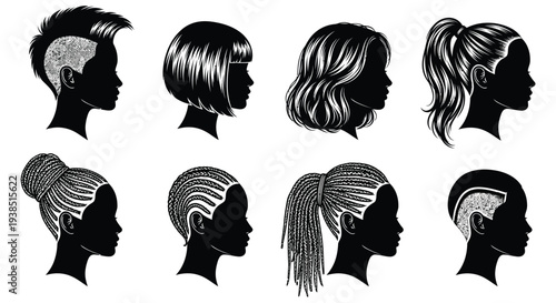 Diverse hairstyles showcased in black silhouettes mohawk bob braids and more high quality professional detailed modern