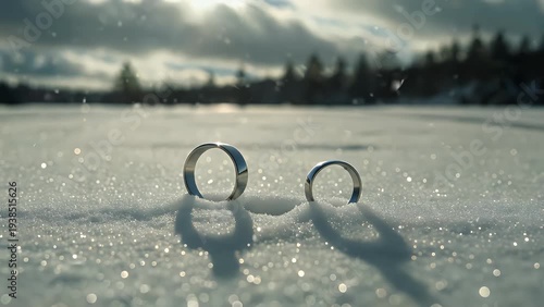 A pair of unadorned circular bands positioned atop a layer of snow producing extended shaded forms
