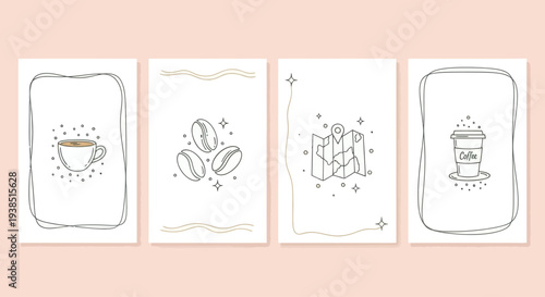 Set of four minimalist hand-drawn coffee-themed cards
