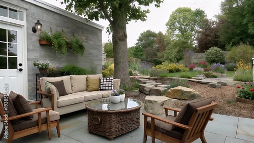 An Outdoor Living Space Furnished with a Comfortable Couch, Plush Chairs, a Central Table and a Scenic View of the Greenery