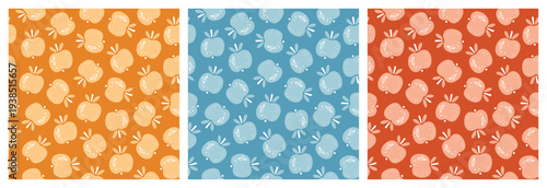 Set of Apple Vector Seamless Banner Patterns. Summer Fruit Backgrounds - Yellow, Blue, Red Colors. Vector Illustration
