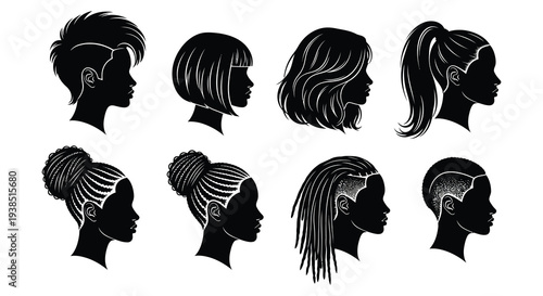 Silhouette collection showcasing diverse hairstyles and female profiles in a minimalist style high quality professional detailed