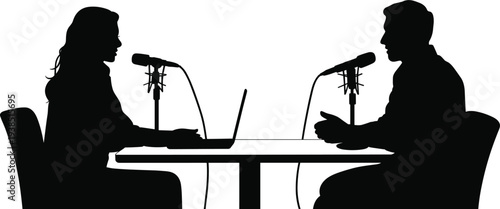 Professional podcast interview recording session with two hosts speaking into microphones across a table, modern talk show discussion, media broadcasting, communication and conversation concept.