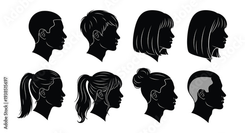 A collection of silhouette profiles showcasing diverse hairstyles and head shapes high quality professional detailed modern