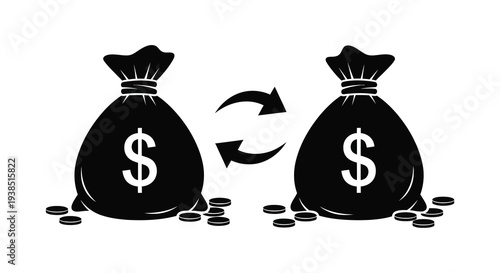 Two bags of money with a dollar sign connected by a curved arrow indicating exchange