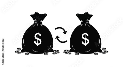 Two bags of money with dollar signs and coins connected by curved arrows on a white background