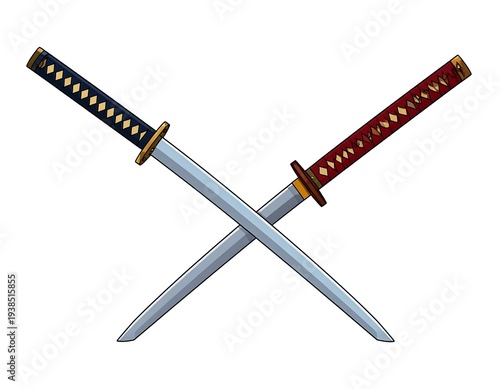 Two crossed swords with ornate handles are centered on a white background in a simple vector style