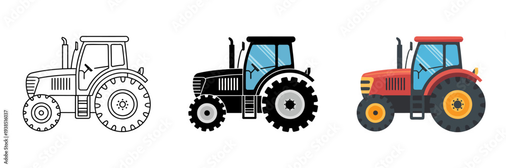 Obraz premium Three different tractors in various colors and line art styles side by side
