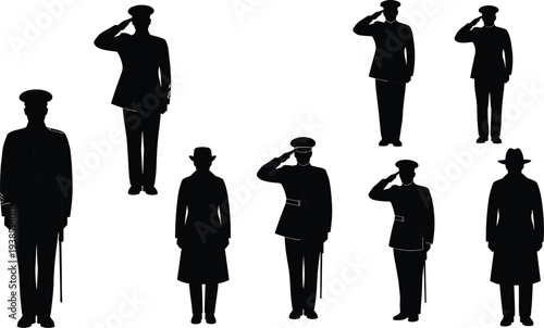 Set of military officer silhouettes saluting in uniform, collection of army soldiers standing in salute pose, patriotic service, defense forces, authority and discipline concept.