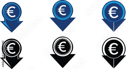 Euro Currency with Down Arrow Silhouette And color vector Symbolizing Profit Decrease, Cost Reduction Strategy, Financial Loss Indicator and Economic Decline Concept